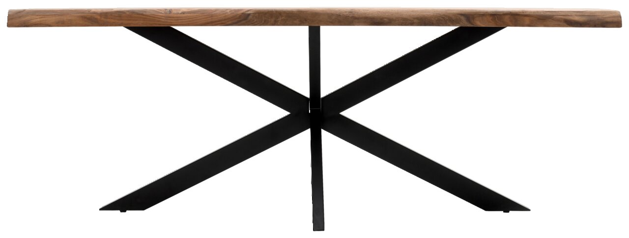 Moderner Esstisch mit einer Tischplatte aus Holz und einem schwarzen Metallgestell in X-Form, frontal betrachtet.