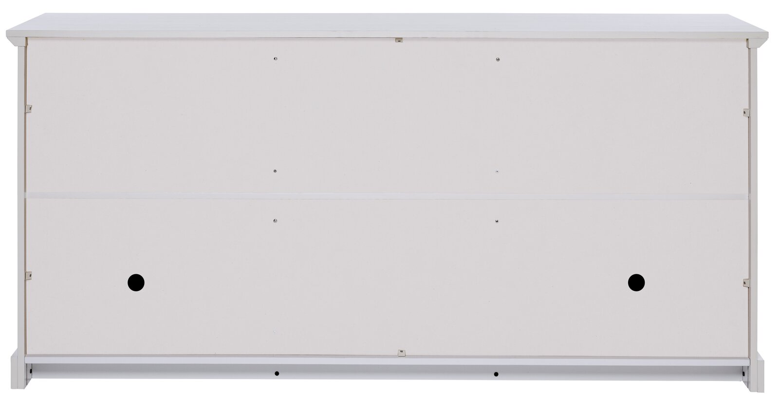 Rückansicht eines weißen Sideboards mit schlichter Oberfläche und zwei runden Öffnungen.