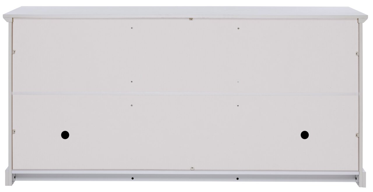 Rückansicht eines weißen Sideboards mit schlichter Oberfläche und zwei runden Öffnungen.