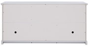 Rückansicht eines weißen Sideboards mit schlichter Oberfläche und zwei runden Öffnungen.