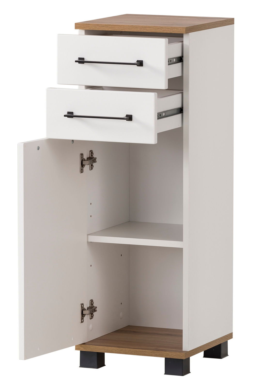 Moderner Unterschrank mit zwei offenen Schubladen und einer geöffneten Tür, aus weißem Material mit Holzoberfläche, seitliche Perspektive