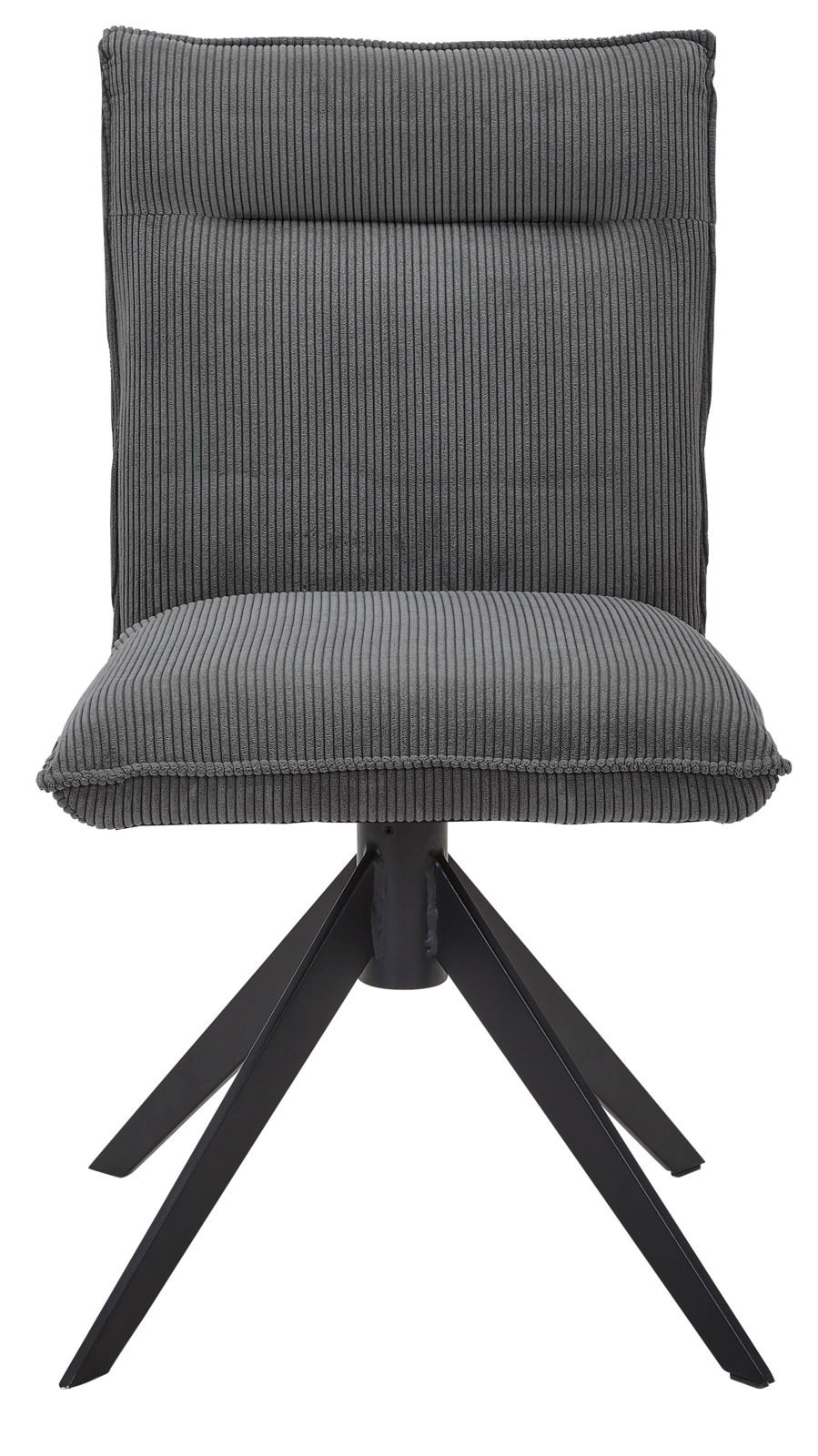 Grauer Stuhl mit geripptem Stoffbezug und schwarzem Metallgestell, Frontalansicht