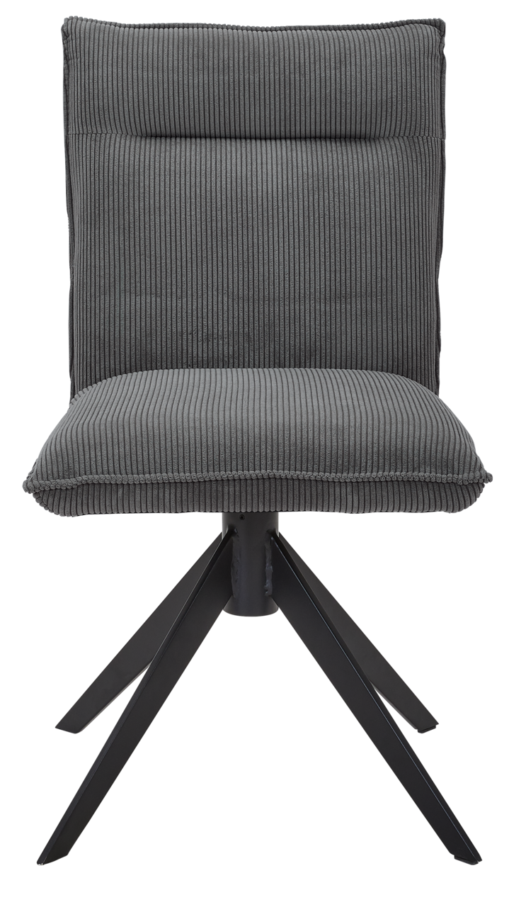 Grauer Stuhl mit geripptem Stoffbezug und schwarzem Metallgestell, Frontalansicht