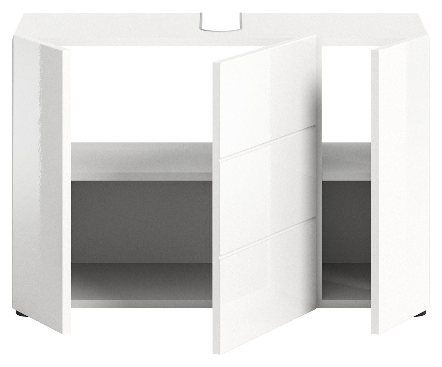 Weißer Waschbeckenunterschrank mit zwei offenen Türen, Frontansicht