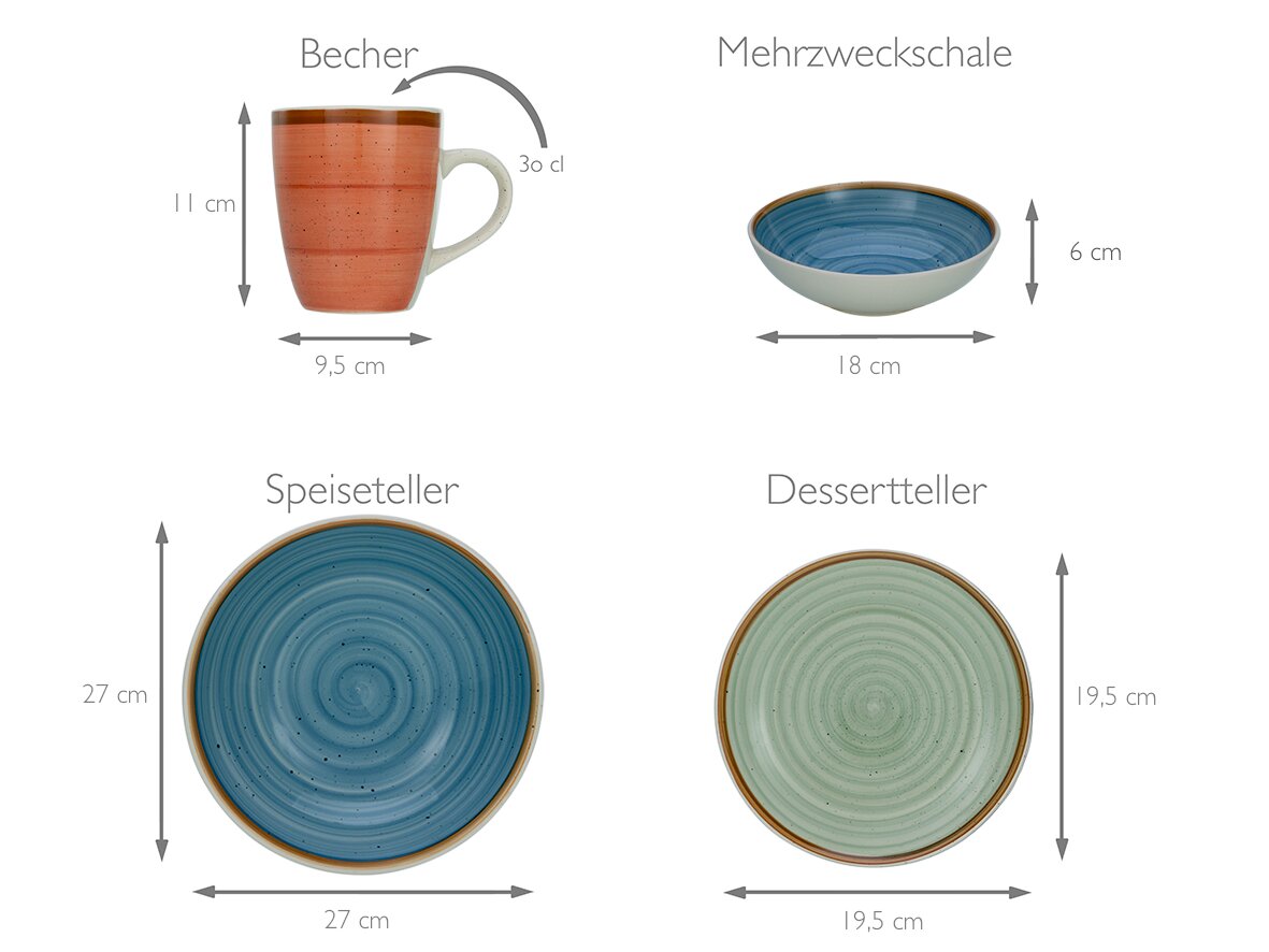Abbildung eines Keramik-Geschirrsets mit Maßangaben: Becher 30 cl (11 cm hoch, 9,5 cm breit) in Terrakotta mit Henkel, Mehrzweckschale 18 cm (6 cm hoch) innen blau, Speiseteller 27 cm blau und Dessertteller 19,5 cm mintgrün; gezeigt in Frontansicht, Telle