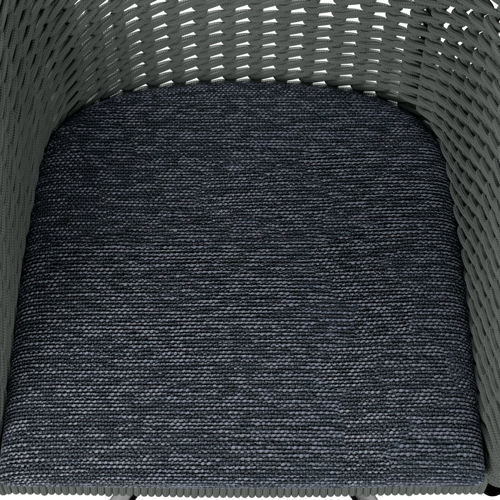 Close-up van een fauteuil met een grijze, geweven zitting en een gevlochten rugleuning.