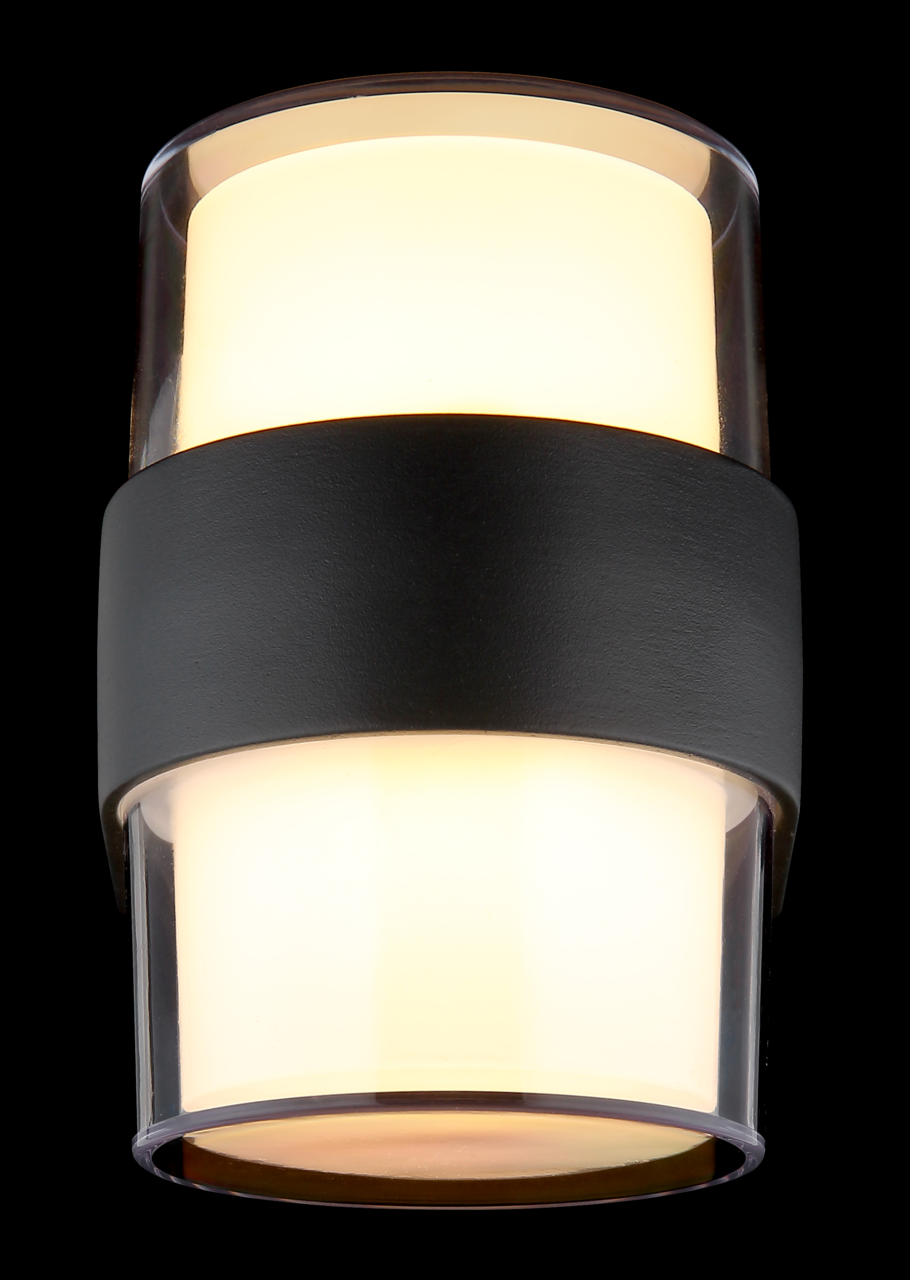 LED-Außenwandleuchte mit zylindrischem Design, schwarzem Mittelband und leuchtendem oberen und unteren Bereich, Frontalansicht.