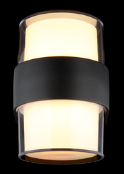 LED-Außenwandleuchte mit zylindrischem Design, schwarzem Mittelband und leuchtendem oberen und unteren Bereich, Frontalansicht.