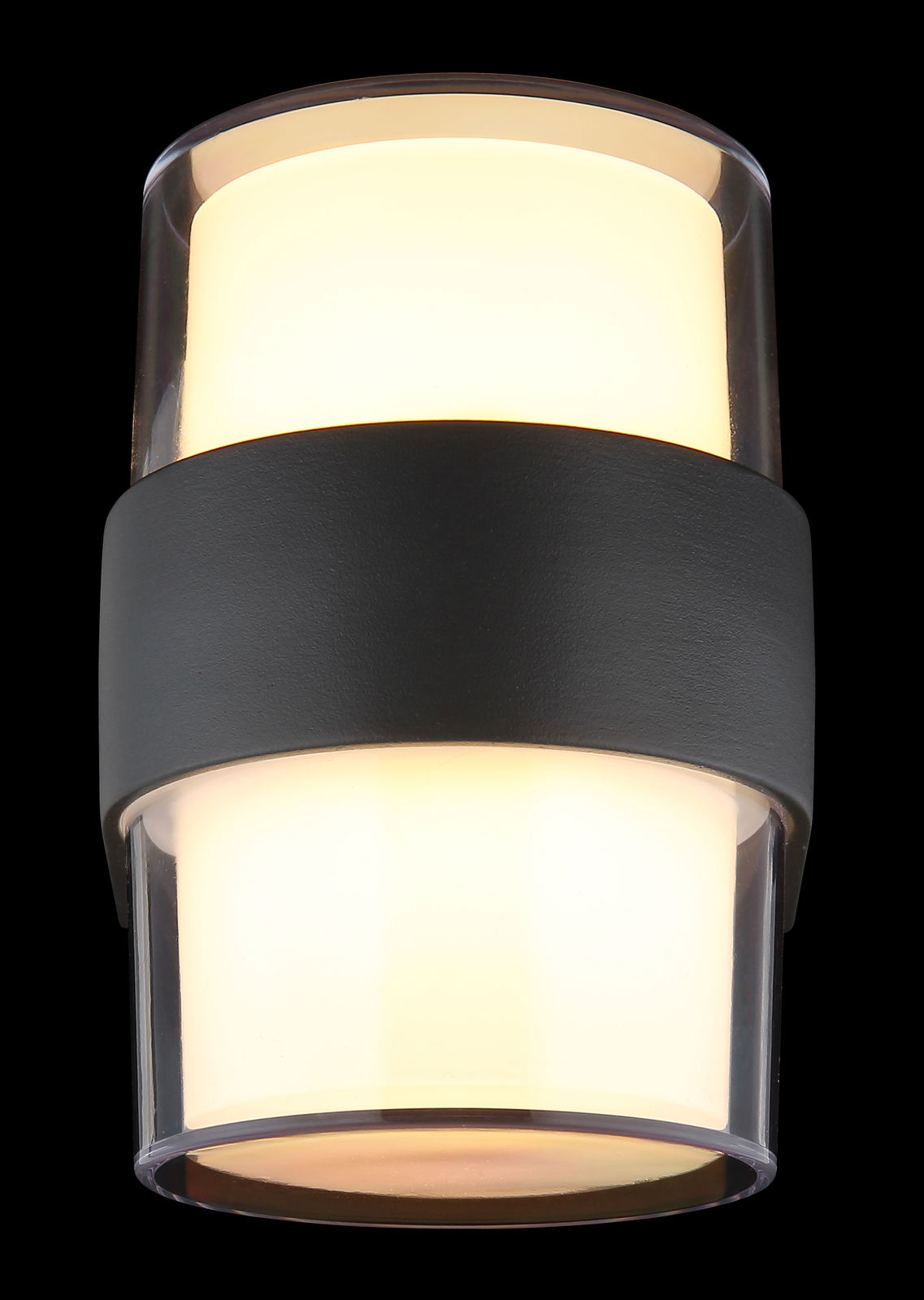 LED-Außenwandleuchte mit zylindrischem Design, schwarzem Mittelband und leuchtendem oberen und unteren Bereich, Frontalansicht.