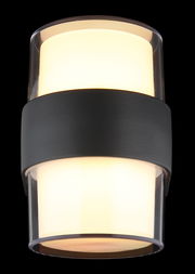 LED-Außenwandleuchte mit zylindrischem Design, schwarzem Mittelband und leuchtendem oberen und unteren Bereich, Frontalansicht.