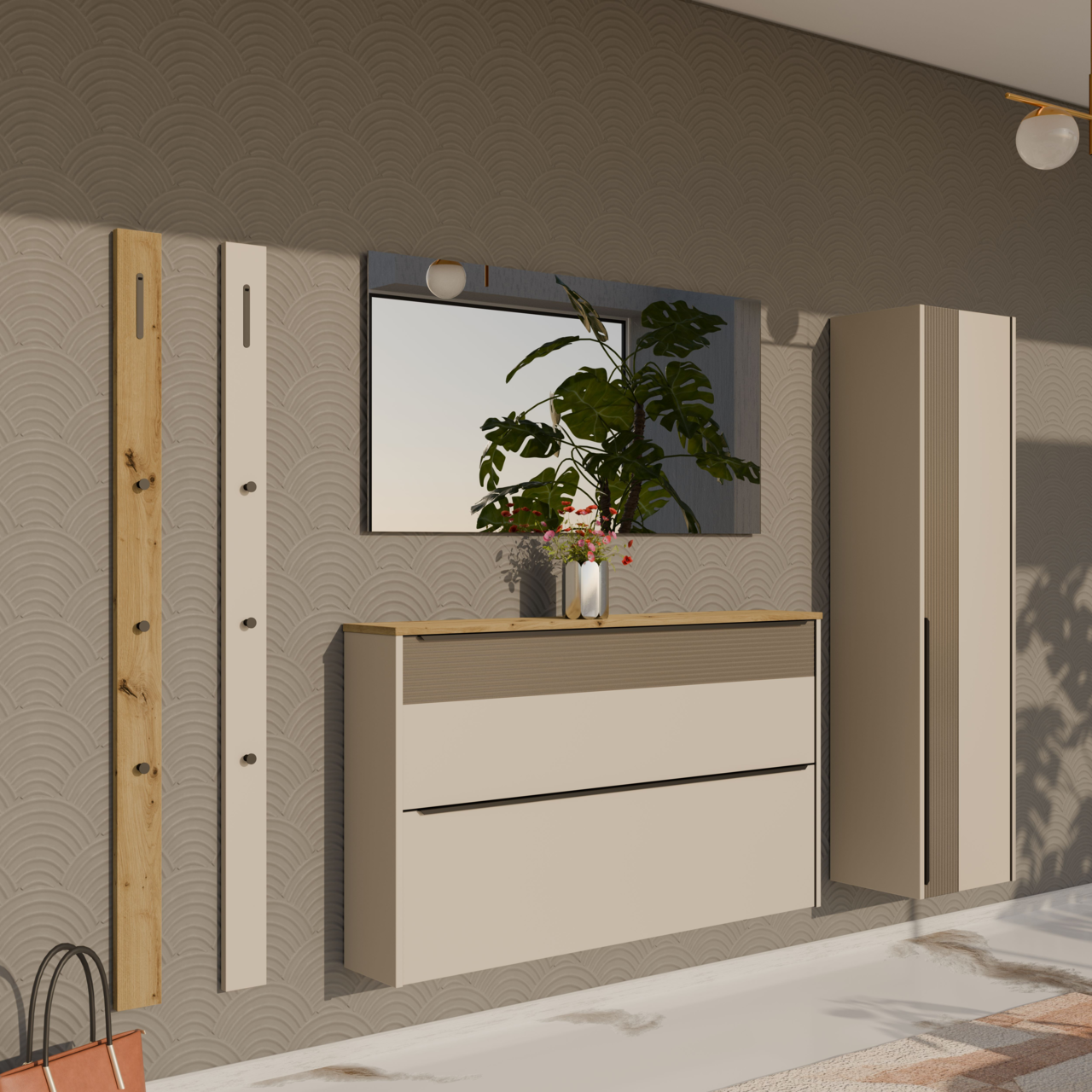 Garderoben-Set in modernem Design, bestehend aus einem hohen Schrank, einer Wandgarderobe mit Haken, einem Spiegel und einem Schuhschrank mit zwei Schubladen. Perspektive: Frontalansicht.