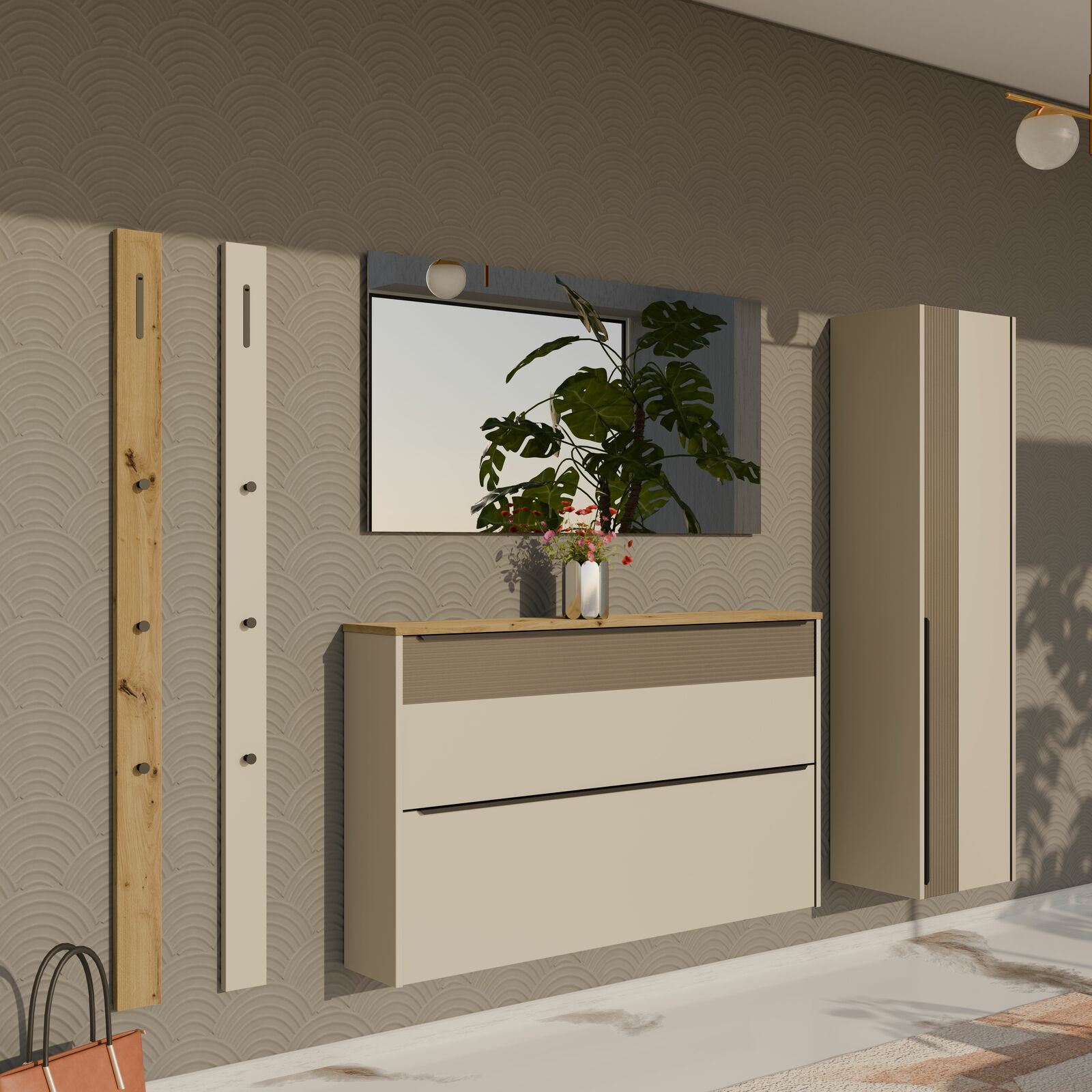 Garderoben-Set in modernem Design, bestehend aus einem hohen Schrank, einer Wandgarderobe mit Haken, einem Spiegel und einem Schuhschrank mit zwei Schubladen. Perspektive: Frontalansicht.