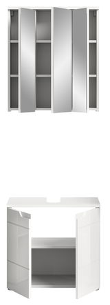 Badezimmerschrank-Kombination mit Spiegelschrank und Unterschrank, frontal abgebildet. Der Spiegelschrank hat mehrere Türen und der Unterschrank bietet Stauraum mit offenen Türen.