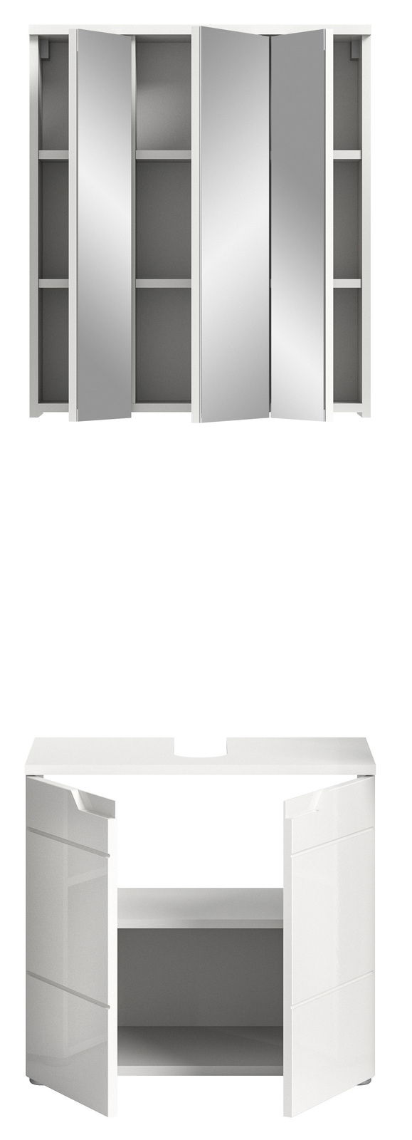 MID.YOU Badkombination HILTON Badezimmerschrank-Kombination mit Spiegelschrank und Unterschrank, frontal abgebildet. Der Spiegelschrank hat mehrere Türen und der Unterschrank bietet Stauraum mit offenen Türen.