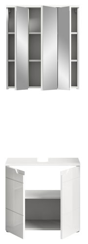 Badezimmerschrank-Kombination mit Spiegelschrank und Unterschrank, frontal abgebildet. Der Spiegelschrank hat mehrere Türen und der Unterschrank bietet Stauraum mit offenen Türen.
