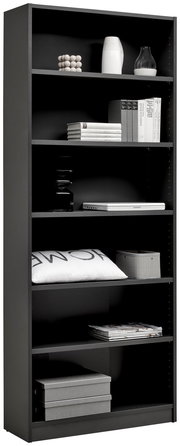 Schwarzes Regal mit mehreren Fächern, gefüllt mit Büchern, Dekorationsgegenständen und Aufbewahrungsboxen, seitliche Perspektive