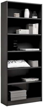 Schwarzes Regal mit mehreren Fächern, gefüllt mit Büchern, Dekorationsgegenständen und Aufbewahrungsboxen, seitliche Perspektive