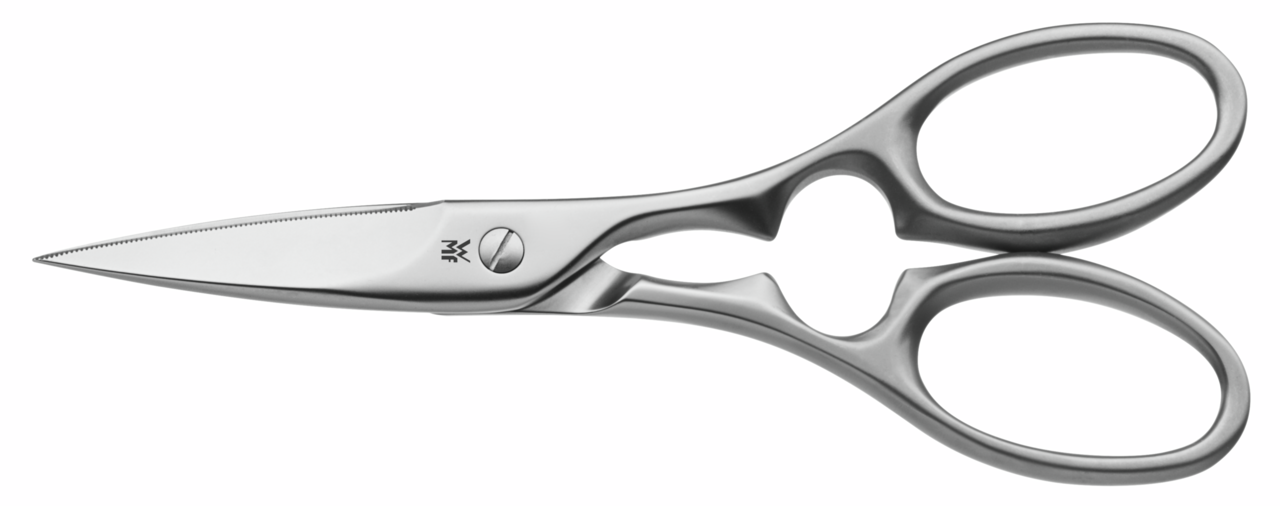 Silberne Küchenschere aus Edelstahl, seitliche Ansicht