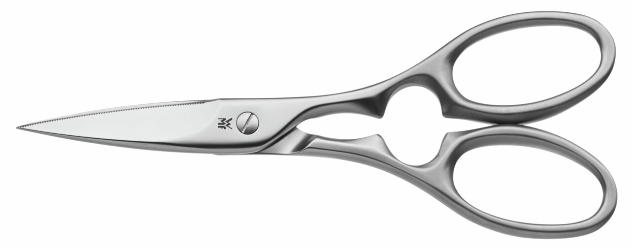 Silberne Küchenschere aus Edelstahl, seitliche Ansicht