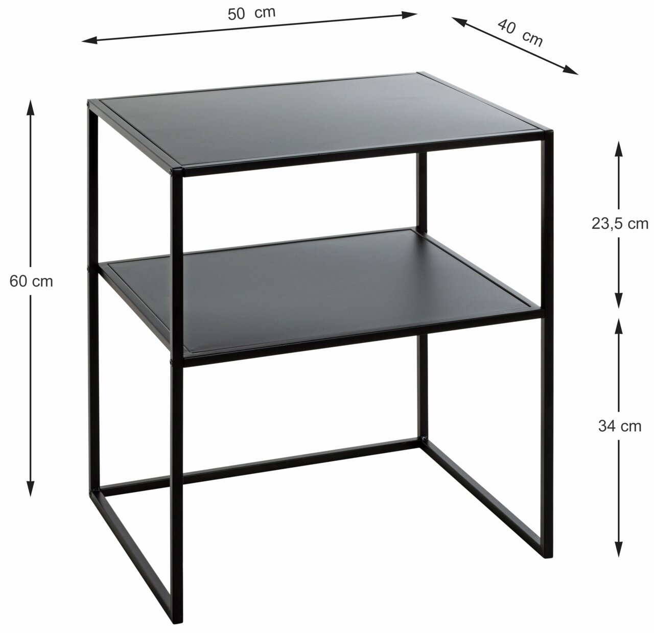 Moderner schwarzer Beistelltisch aus der Serie MANOLA von XORA, mit zwei Ebenen und einem minimalistischen Metallrahmen, seitliche Perspektive.