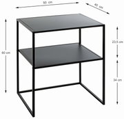 Moderner schwarzer Beistelltisch aus der Serie MANOLA von XORA, mit zwei Ebenen und einem minimalistischen Metallrahmen, seitliche Perspektive.