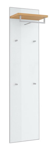 Wandgarderobe mit weißer Rückwand, Holzablage und Metall-Kleiderstange sowie vier Haken, freigestellt auf weißem Hintergrund, Frontansicht mit leichter Schrägperspektive von links oben.