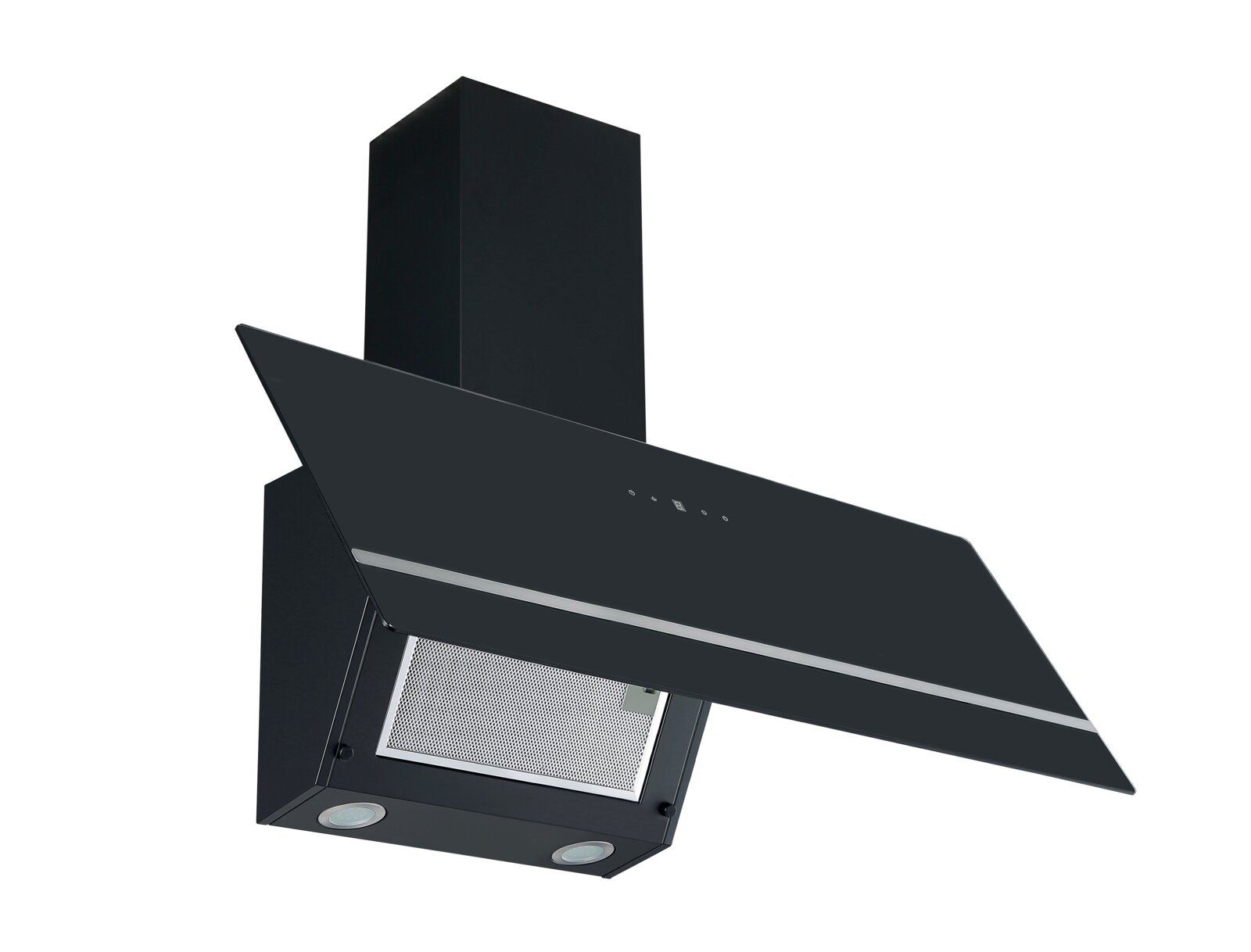 Schwarze Wand-Dunstabzugshaube mit schräger Glasfront, Kaminaufsatz, Bedienfeld, Metallfettfilter und zwei LED-Spots, perspektivisch in schräger Vorderansicht von unten