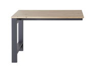 Ansatztisch mit Holzplatte und grauem Metallgestell, seitliche Perspektive