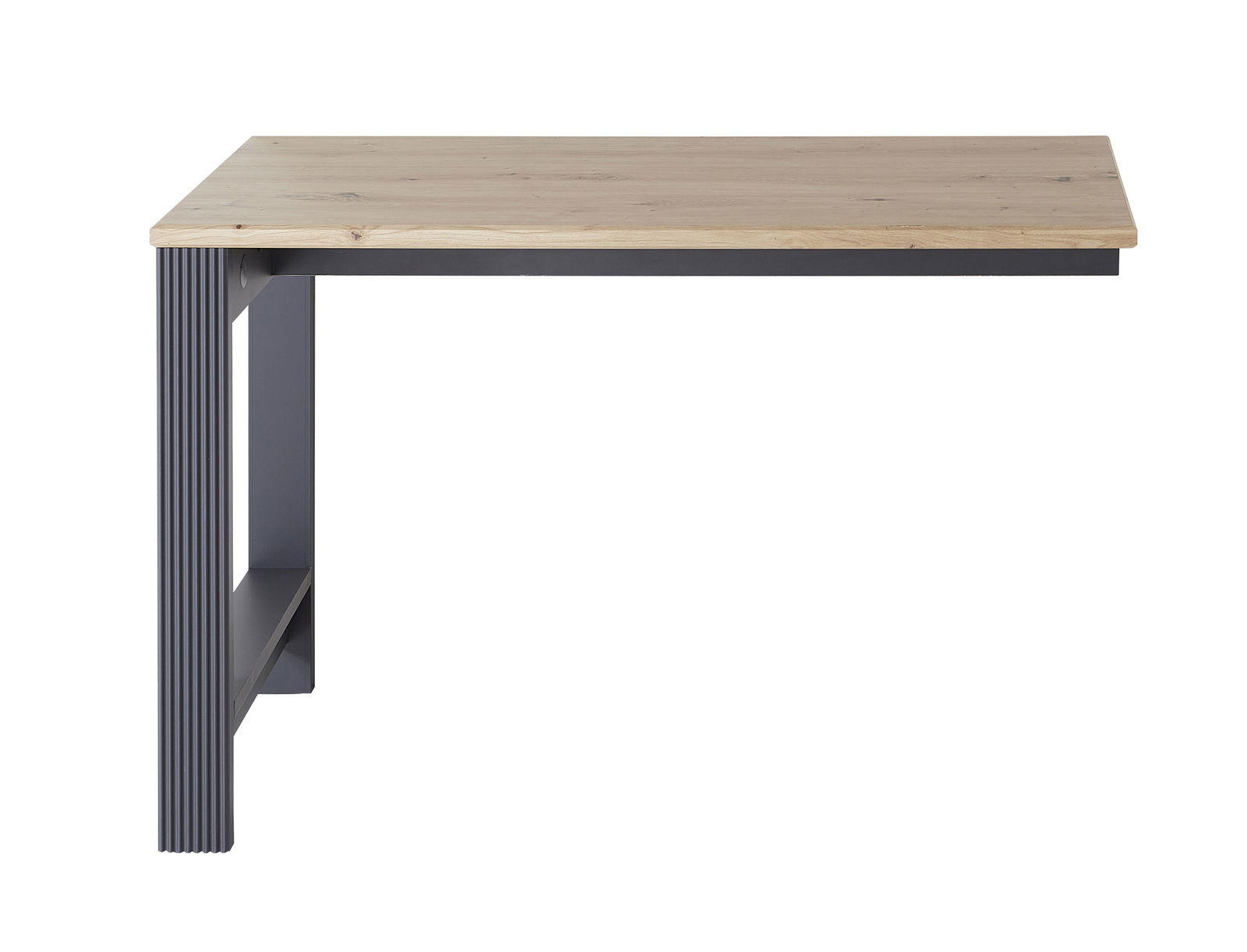 Ansatztisch mit Holzplatte und grauem Metallgestell, seitliche Perspektive