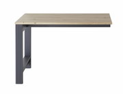 Ansatztisch mit Holzplatte und grauem Metallgestell, seitliche Perspektive