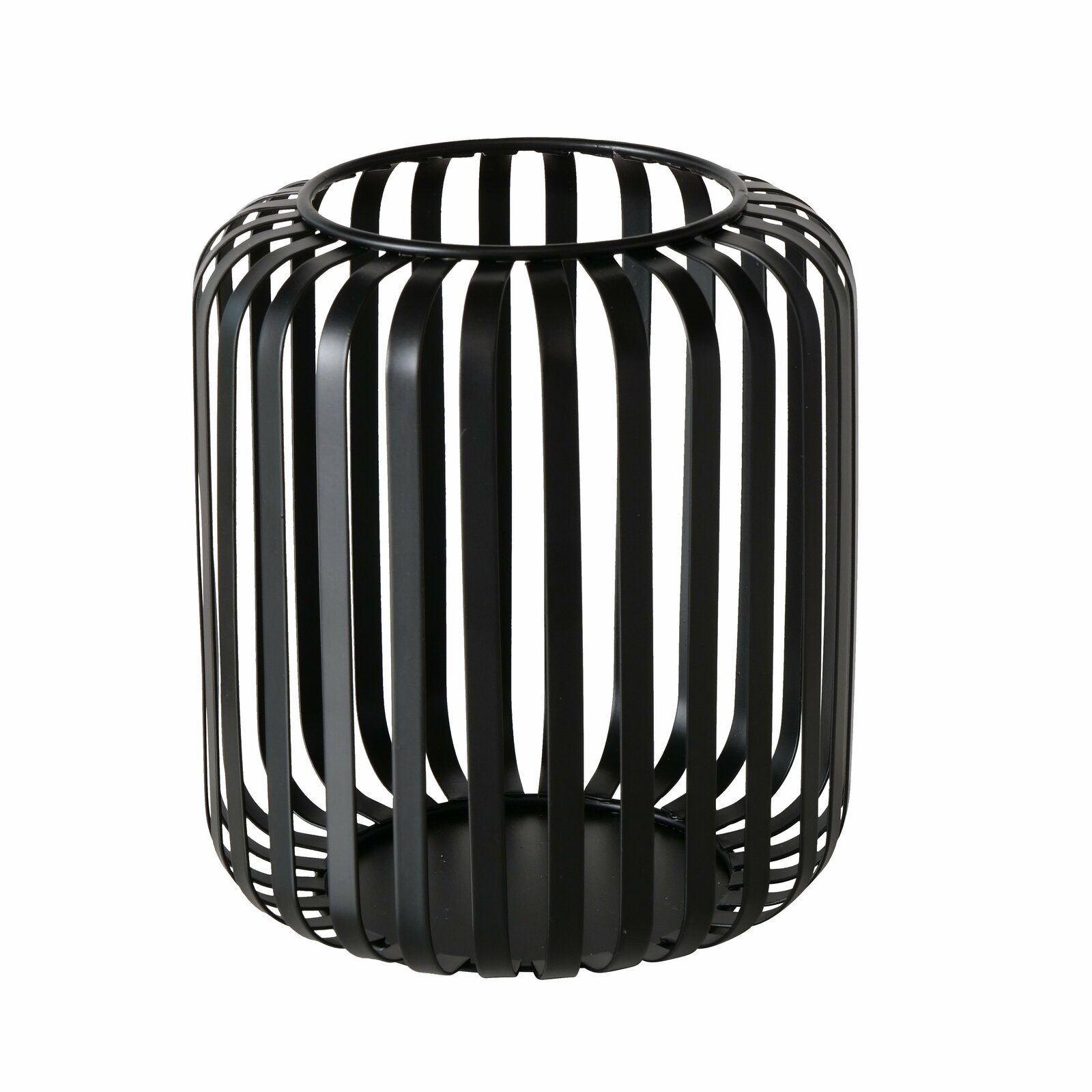 Boltze Windlicht WIKI Schwarzes, rundes Windlicht Viki aus Metall mit vertikalen Streben, seitliche Perspektive.