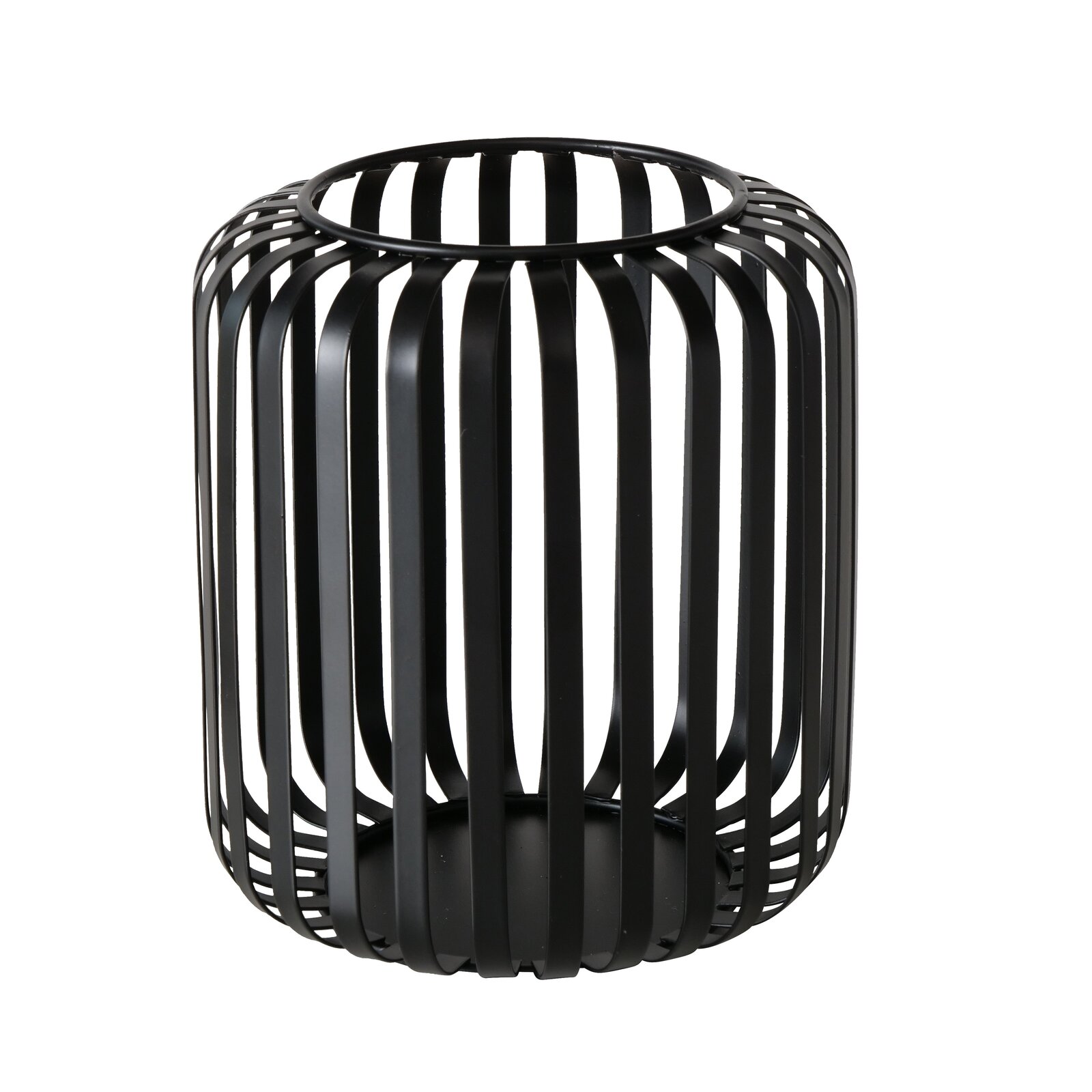 Schwarzes, rundes Windlicht Viki aus Metall mit vertikalen Streben, seitliche Perspektive.
