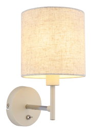 Wandleuchte mit cremefarbenem Stoffschirm und Metallhalterung, seitliche Perspektive