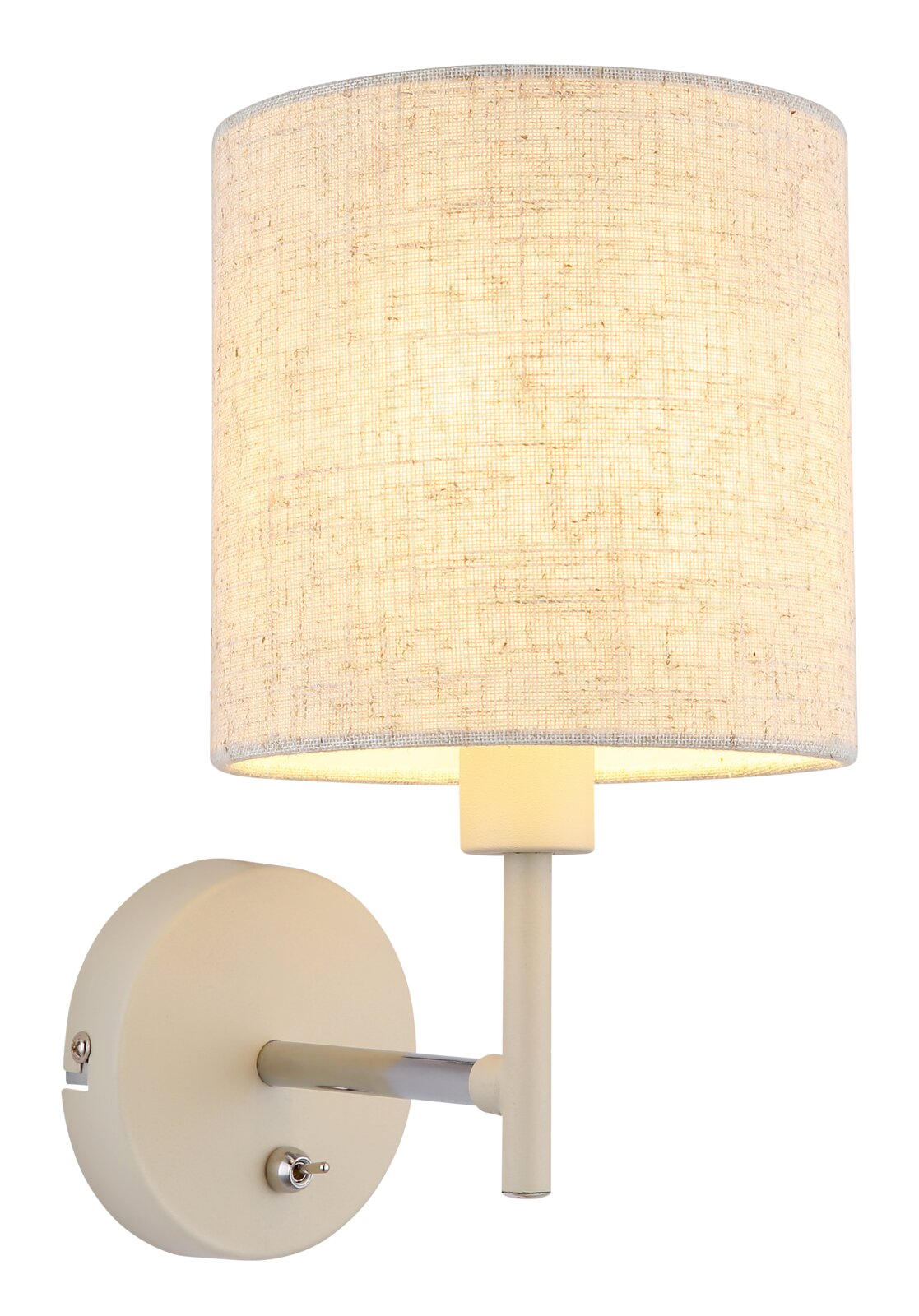 Wandleuchte mit cremefarbenem Stoffschirm und Metallhalterung, seitliche Perspektive