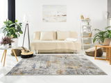 Designer Teppich in einem modernen Wohnzimmer mit Sofa, Pflanzen und Gitarre, aus der Vogelperspektive.