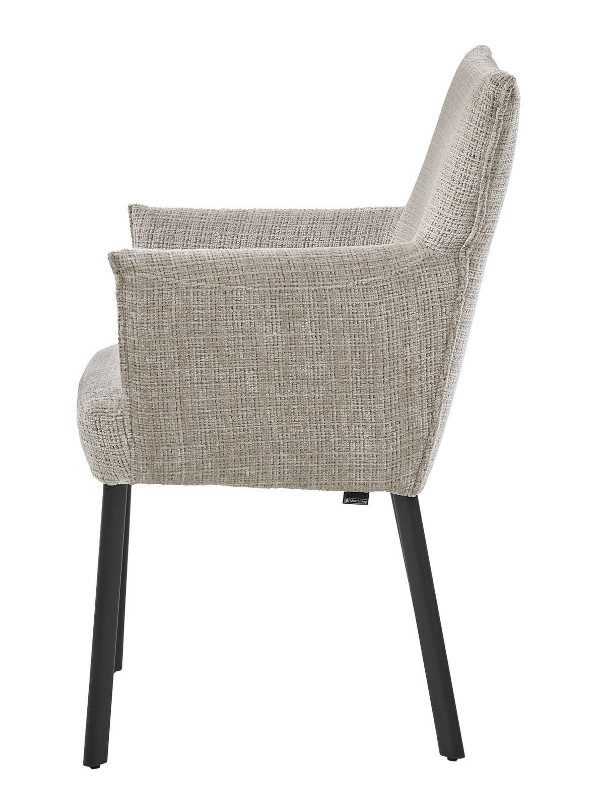 Seitenansicht eines modernen Armlehnstuhls mit hellgrauem Stoffbezug und schwarzen Metallbeinen.
