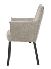 Seitenansicht eines modernen Armlehnstuhls mit hellgrauem Stoffbezug und schwarzen Metallbeinen.