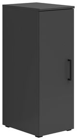 Schwarzer Mehrzweckschrank mit einer Tür und Griff, seitliche Perspektive
