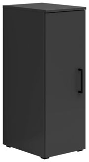 Schwarzer Mehrzweckschrank mit einer Tür und Griff, seitliche Perspektive