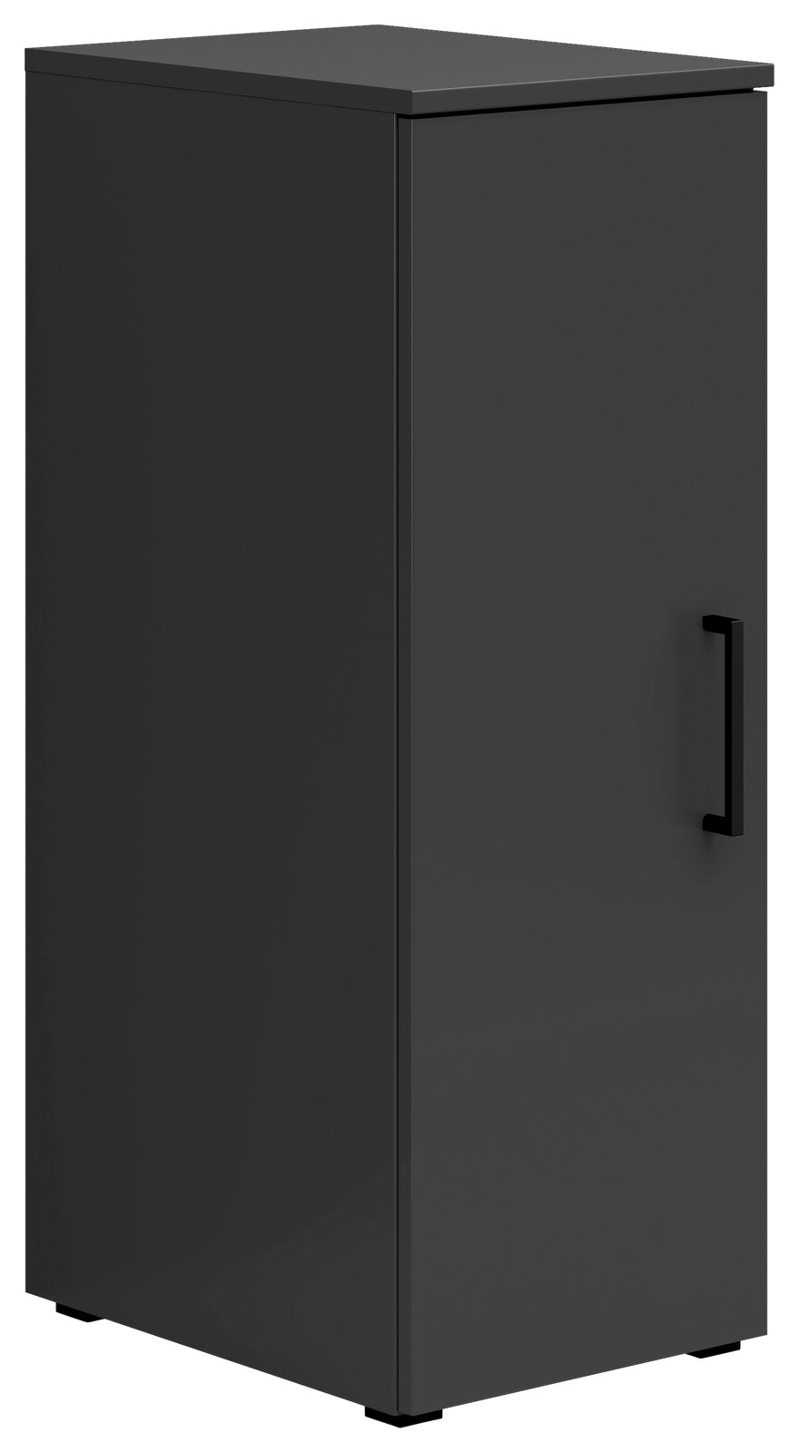 Schwarzer Mehrzweckschrank mit einer Tür und Griff, seitliche Perspektive