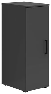 Schwarzer Mehrzweckschrank mit einer Tür und Griff, seitliche Perspektive