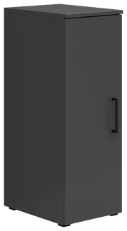 Schwarzer Mehrzweckschrank mit einer Tür und Griff, seitliche Perspektive