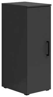 Schwarzer Mehrzweckschrank mit einer Tür und Griff, seitliche Perspektive