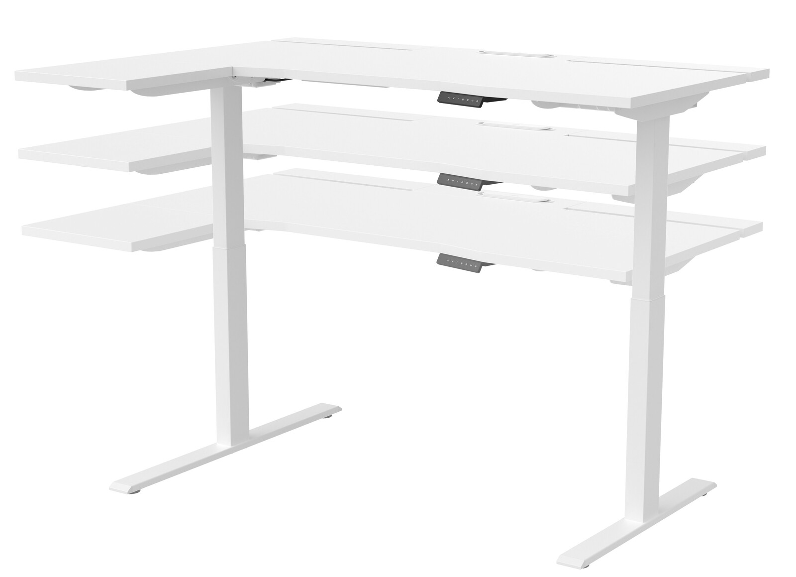 Weißer höhenverstellbarer E-Schreibtisch Cantus CLAYTON in L-Form, seitliche Perspektive