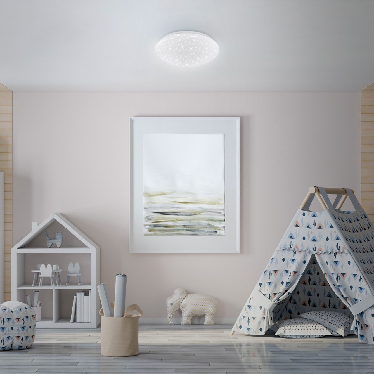 LED-plafondlamp in een kinderkamer, gezien van onderaf, met zacht, wit licht en een modern ontwerp.