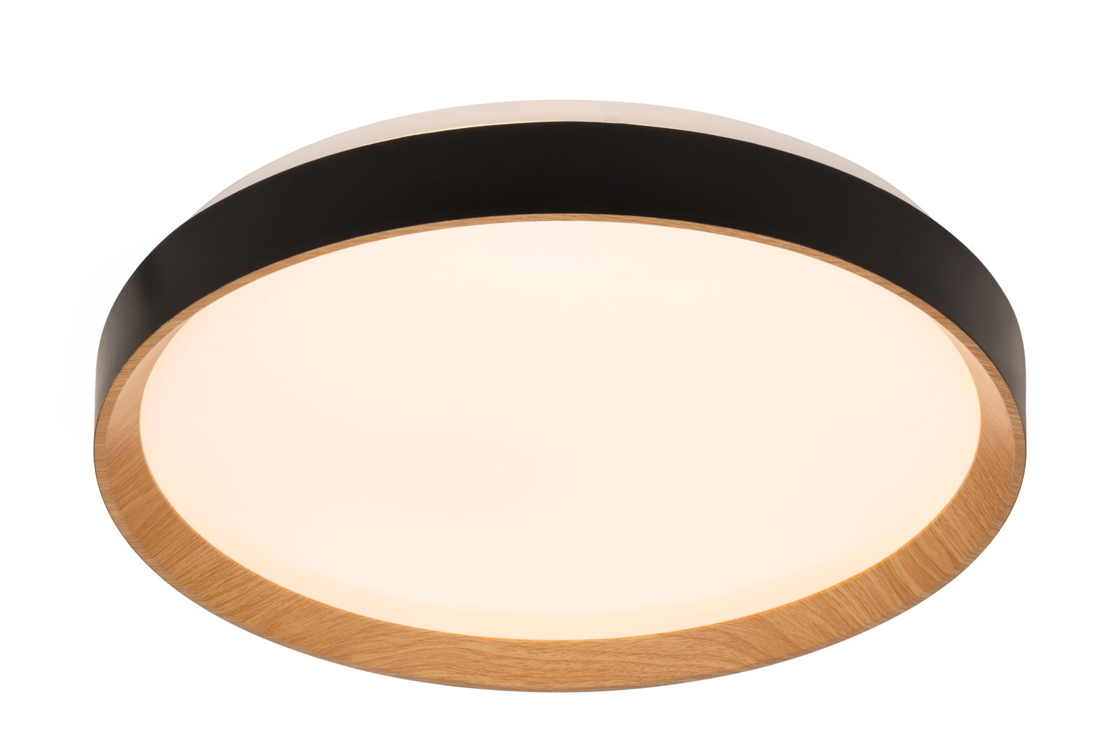 Runde LED-Deckenleuchte mit Holz- und Metallelementen, seitliche Perspektive