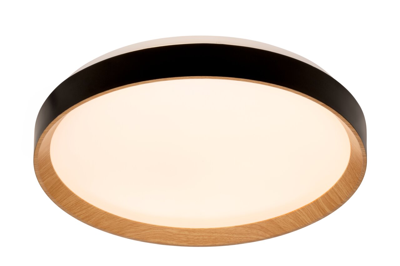 Novel LED-Deckenleuchte Runde LED-Deckenleuchte mit Holz- und Metallelementen, seitliche Perspektive