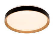 Runde LED-Deckenleuchte mit Holz- und Metallelementen, seitliche Perspektive