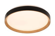 Runde LED-Deckenleuchte mit Holz- und Metallelementen, seitliche Perspektive