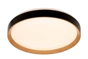 Runde LED-Deckenleuchte mit Holz- und Metallelementen, seitliche Perspektive